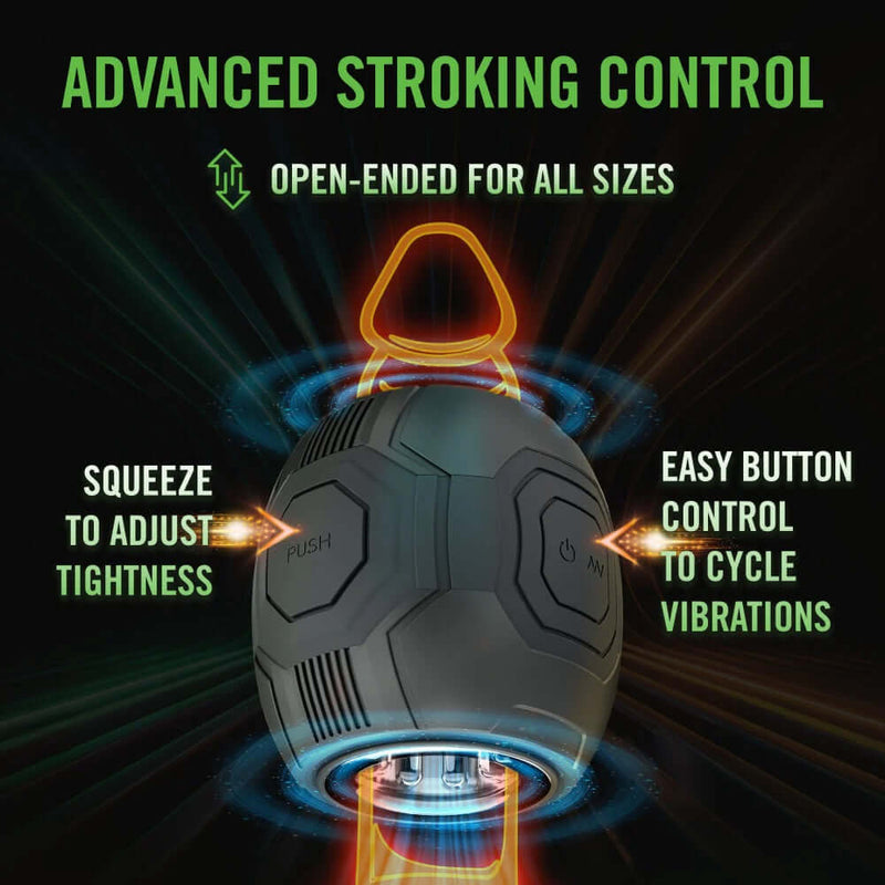 The M For Men Dome X male masturbator by Blush showcasing open-ended design, adjustable squeeze for tightness, and vibration cycle controls