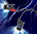 Zeus Electrosex Electro Sex Clamps Black close-up showcasing the clamps and wires against a blue electric background.