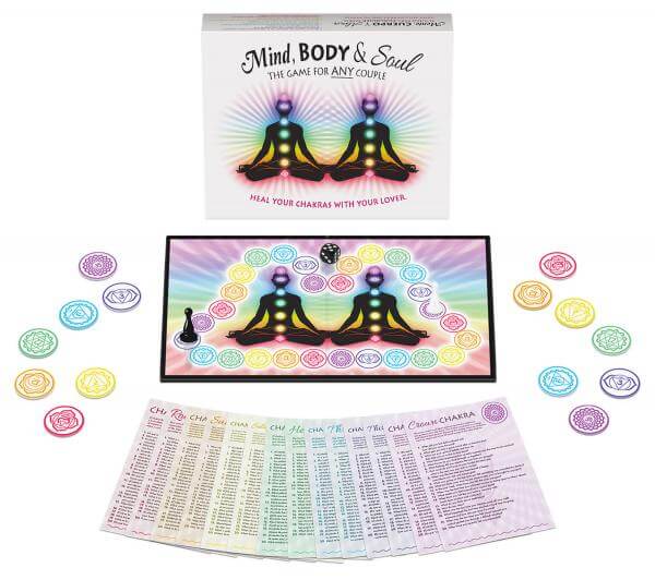 Mind, Body & Soul game for couples showcasing game board, chakra tokens, and question cards for relationship building.