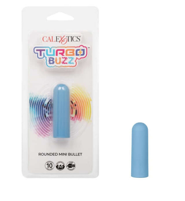Turbo Buzz Rounded Mini Bullet Blue in packaging next to product, discreet powerful stimulator with 10 vibration functions and IPX7 waterproof rating