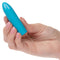 Hand holding blue Turbo Buzz™ Classic Mini Bullet with 10 functions of vibration, pulsation, and escalation for discreet and powerful pleasure.