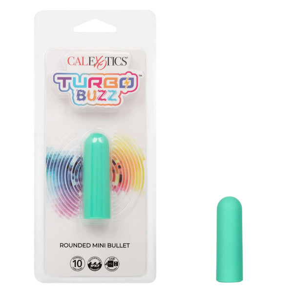 Turbo Buzz Round Mini Bullet Vibrator in Green Packaging with 10 Functions.