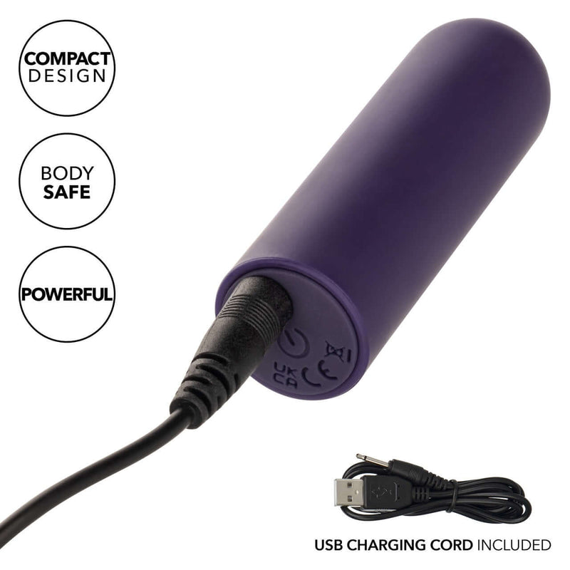 Purple Turbo Buzz™ Rounded Mini Bullet Vibrator with USB charging cord, compact design, powerful, body-safe, 10 vibration functions.