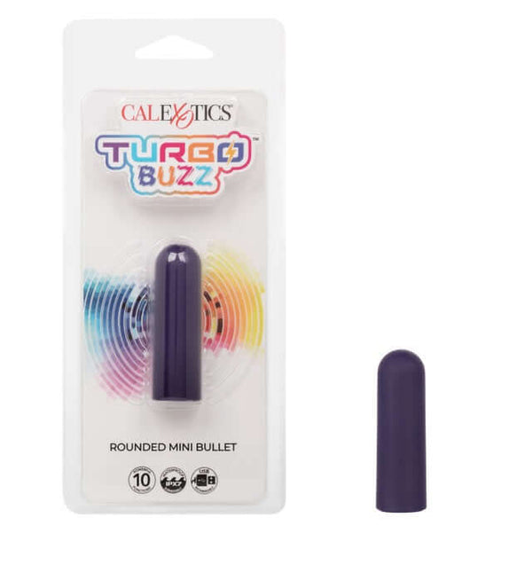 Turbo Buzz™ Rounded Mini Bullet Vibrator - Purple Packaging and Product Display