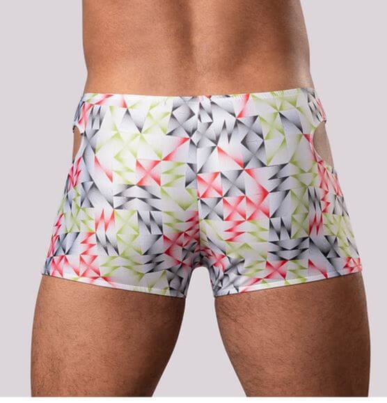 Geometric pattern mini shorts with side cutouts for men, back view.
