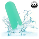 Green Turbo Buzz Mini Bullet Vibrator splashing in water, showcasing waterproof IPX7 rating. Compact, powerful 10-function stimulator.
