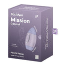Satisfyer Mission Control Air Pulse Vibrator packaging showcasing playful design and travel size features.