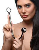 Master Series Hooked Stainless Steel Anal Hook displayed by model, highlighting its sleek design and functionality.