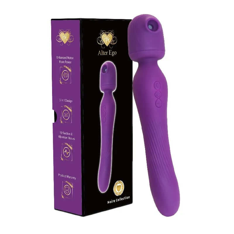 Alter Ego Ultra Wand in Purple, powerful massager with three functions and upgraded motors, packaged in sleek box.