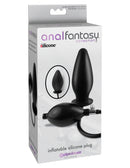 Anal Fantasy Collection Inflatable Silicone Plug Black packaging with product details and pump ball for adjustable fullness.