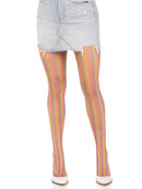 Leg Avenue Rainbow Crochet Net Tights One Size Multicolor worn with a denim skirt and high heels.