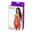 Allure Fishnet Bodystocking Lingerie in red, presented in packaging, highlighting feminine allure and style.
