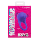Rumbler Rumble Silicone Vibrating Cock Ring Purple product packaging featuring 10 speeds and unique textured design.