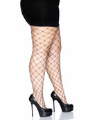 Leg Avenue Fence Net Pantyhose Queen Black worn with high heels, showcasing a bold, boxy fence net design.