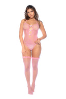 Blush Reverie Fishnet Bodysuit One Size Bubblegum Pink showcased with matching fishnet stockings.