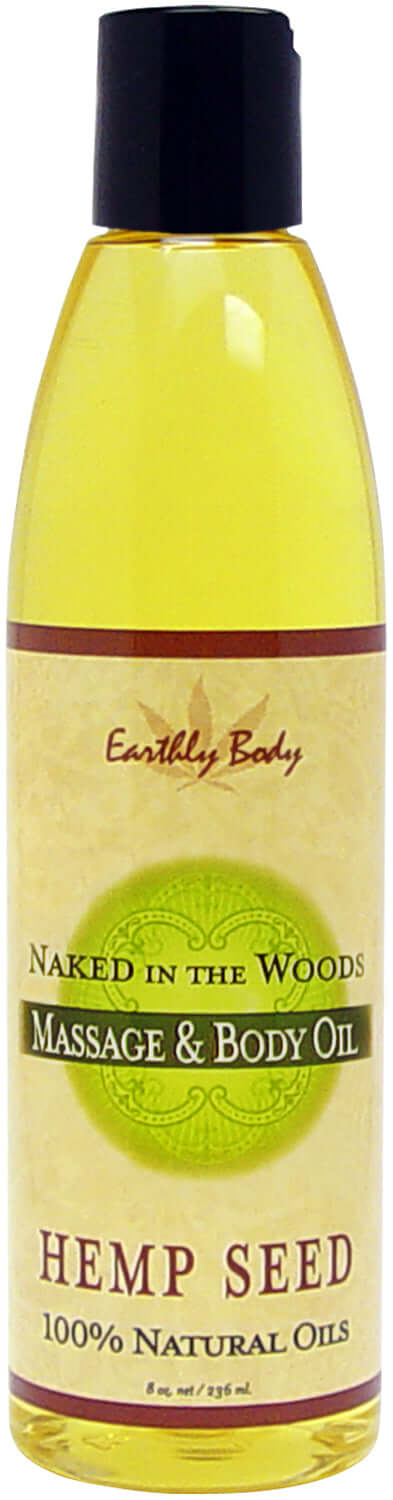 Earthly Body Naked In The Woods Massage Oil 8 oz, made with hemp seed and natural oils for deep conditioning and glide.
