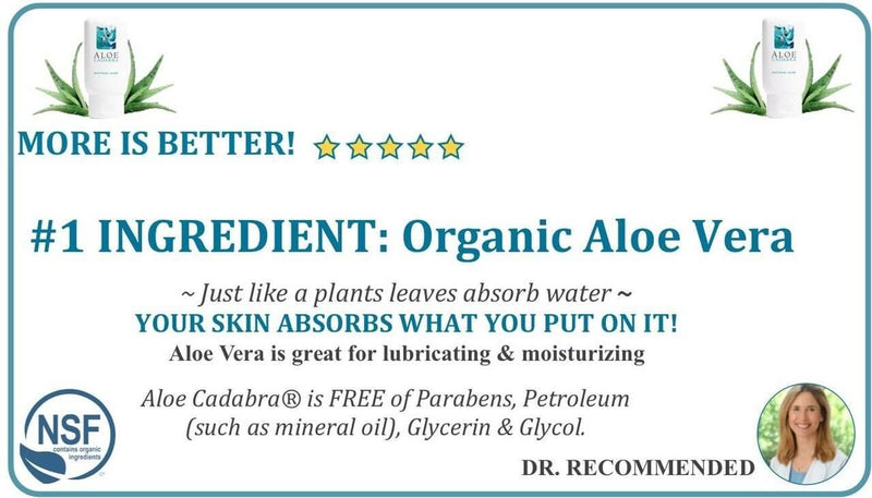Aloe Cadabra Organic Lubricant advertising its natural aloe vera ingredient and benefits for skin moisturizing.