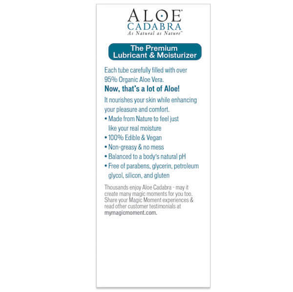 Aloe Cadabra Organic Lubricant label highlighting 95% organic Aloe Vera, edible, vegan, and free from harmful additives.