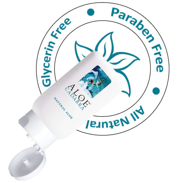 Aloe Cadabra Organic Lubricant bottle with labels stating 'Paraben Free', 'Glycerin Free', and 'All Natural'