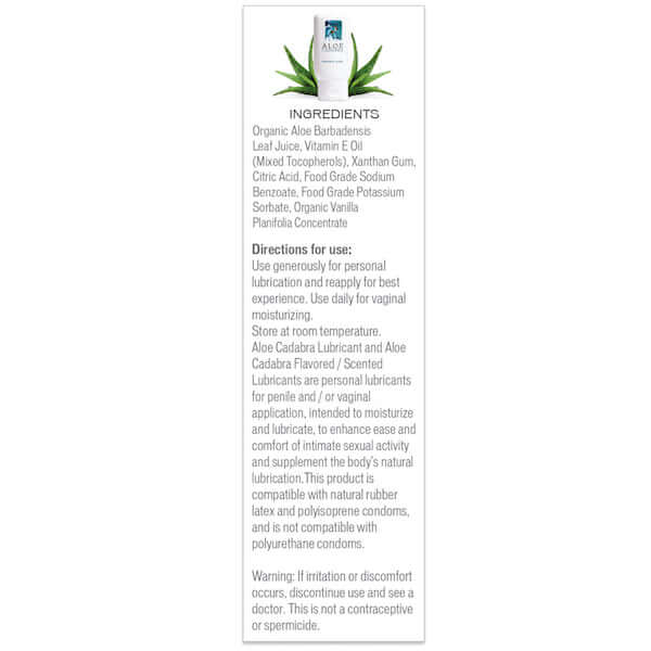 Aloe Cadabra organic lubricant ingredients and usage instructions for personal lubrication and vaginal moisturizing.