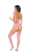 Blush Reverie Fishnet Bodysuit One Size Bubblegum Pink showcased on model, featuring floral fishnet and ruffle accents.