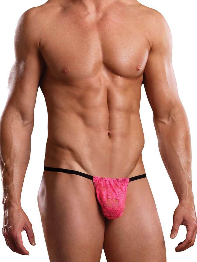 Male model wearing Neon Lace Hot Pink posing strap for a sexy and comfortable fit, ideal for everyday wear.