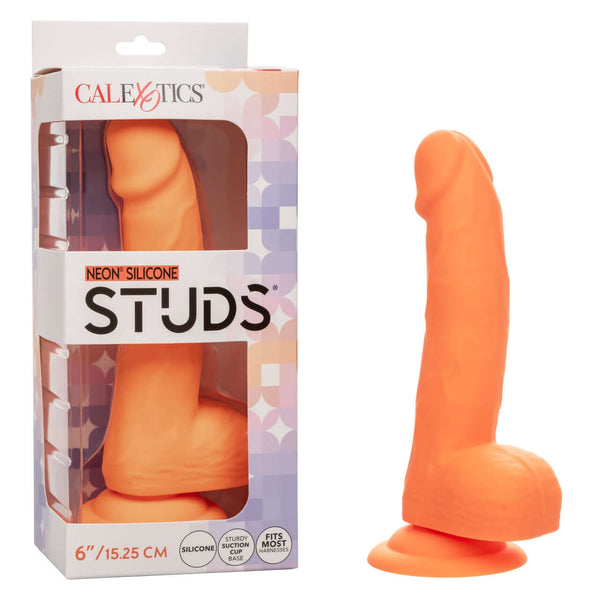 Neon Silicone Studs 6 Inch Orange - Realistic and Vibrant Silicone Pleasurer in Packaging.