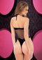 Woman wearing LAPDANCE Fishnet Halter Bodysuit in Black with keyhole cutout, back view showcasing daring design against pink and black background