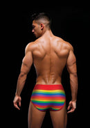Man wearing Envy Rainbow Pride Briefs in red with vibrant rainbow pattern, back view, size S/M, comfortable cotton-spandex blend.