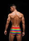 Man wearing Envy Rainbow Pride Briefs in red with vibrant rainbow pattern, back view, size S/M, comfortable cotton-spandex blend.