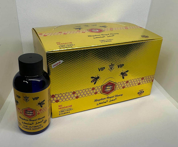 VIP Kingdom Royal Honey liquid bottle next to its shiny gold packaging, promoting stamina and vitality.
