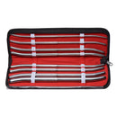 Pratt Urethral 11 Inch Stainless Steel Sounds Set displayed in a case with a red interior and stainless steel tools.