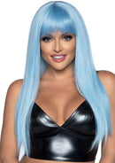 Leg Avenue 24 Inch Long Straight Bang Wig Blue worn by a model with sleek, shiny blue hair and bangs.