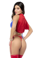 Mapale Super Girl Lace Bodysuit Costume L/XL featuring a halter bodysuit with a flowing cape, showcasing an empowering silhouette.