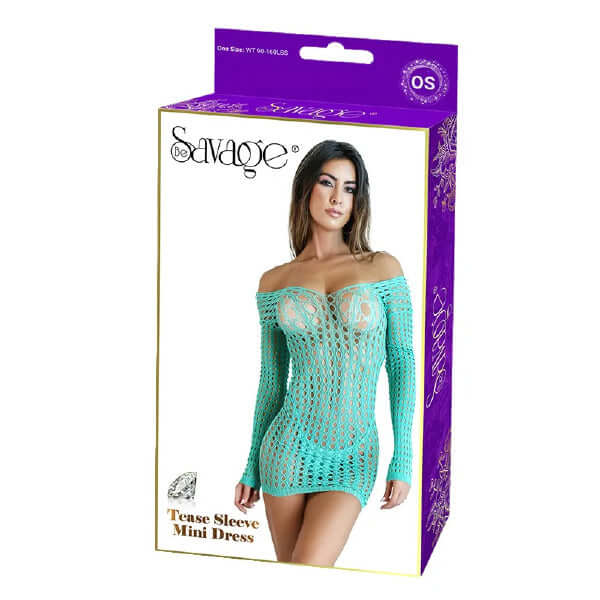 Tease Sleeve Mini Dress Lingerie in green packaging, featuring model showcasing the design and style.