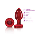 Cheeky Charms Vibrating Red Metal Remote Anal Plug Medium showcasing its teardrop shape and remote control features.