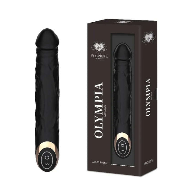 Olympia Liquid Silicone Vibe in Black with realistic texture and powerful vibrations, packaged in a stylish box.