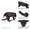 Black harness strap-on with 7" silicone probe featuring adjustable support straps for secure fit and comfort in role-play.