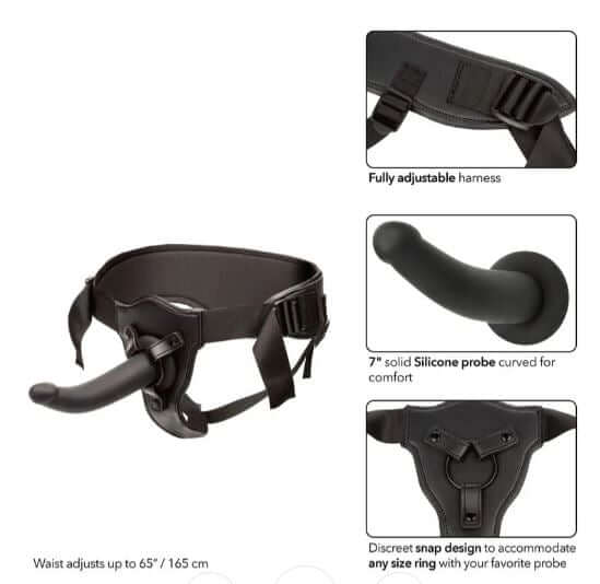 Black harness strap-on with 7" silicone probe featuring adjustable support straps for secure fit and comfort in role-play.