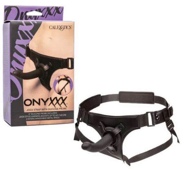 Onyxxx Jock Strap with Silicone Probe, adjustable strap-on harness with 6-inch probe for versatile play, in packaging and displayed.