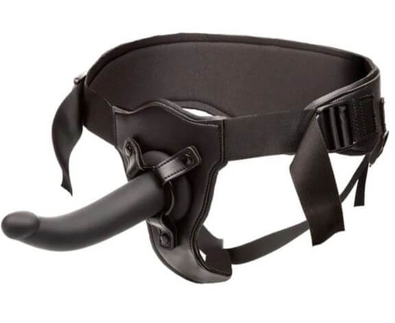 Black strap-on harness with 7-inch silicone probe, adjustable for secure fit and beginner-friendly intimate role play.