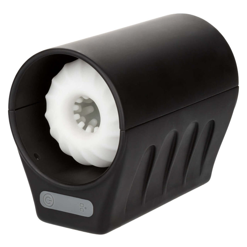 Optimum Power Power Thruster - Rechargeable Thrusting Masturbator for Intense Solo Play - Black with white interior attachment.