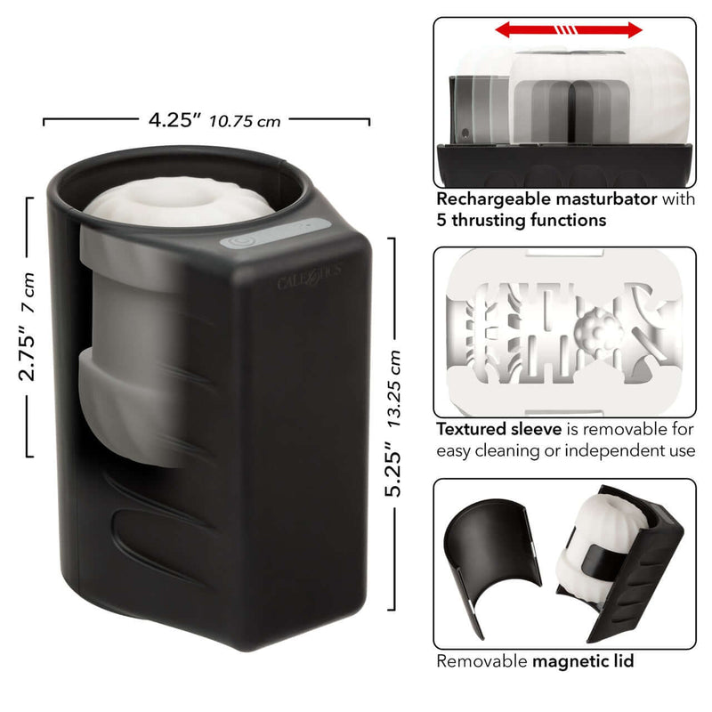 Optimum Power Power Thruster - Rechargeable thrusting masturbator with removable textured sleeve and magnetic lid.