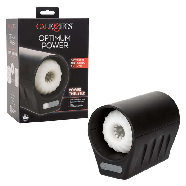 Optimum Power Power Thruster Rechargeable Masturbator with intense thrusting action for ultimate solo satisfaction shown with packaging