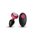 Eluxe Vibrating Anal Plug Small Ruby Ombre With Remote alongside remote control, showcasing a jewel-toned design.