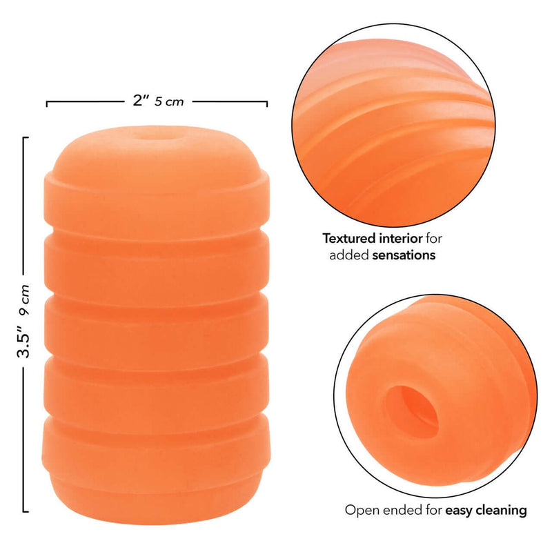Pop Sock!™ Ribbed Orange reversible masturbator with textured interior for added sensations, 3.5 inches tall, open-ended for easy cleaning.