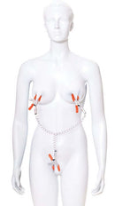 Triple Your Pleasure Clamps & Chain on a mannequin, featuring two nipple clamps and one clitoral clamp connected by a stainless steel chain.