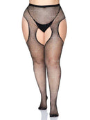 Casey Rhinestone Fishnet Suspender Pantyhose Queen Black showcasing luxe fishnet with rhinestone accents for curvy figures.