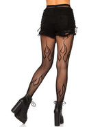 Leg Avenue Flame Net Tights One Size Black showcased with cut-off shorts and high-heeled boots in a stylish outfit.