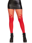 Leg Avenue Opaque Flame Tights With Fishnet Top One Size Red with a fishnet design and flame detailing.